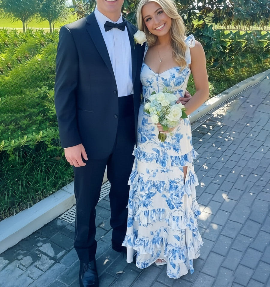 Ruffle A Line/Princess Floral Bow Straps Tiered Prom Dresses with Belt