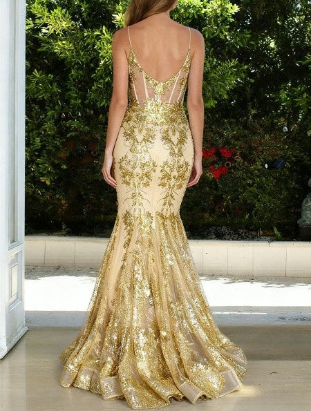A Line/Princess V Neck Glitter Maxi Formal Prom Dresses with Train