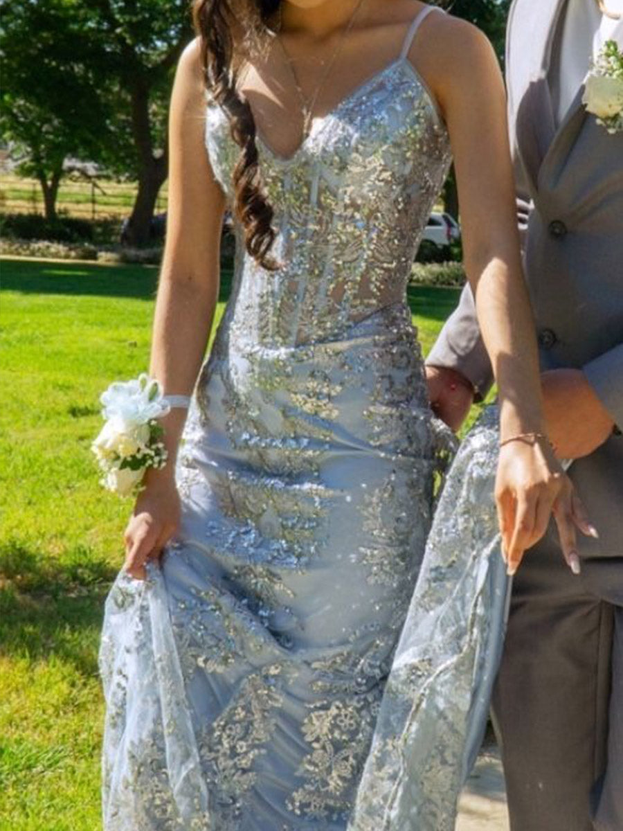 A Line/Princess V Neck Glitter Maxi Formal Prom Dresses with Train