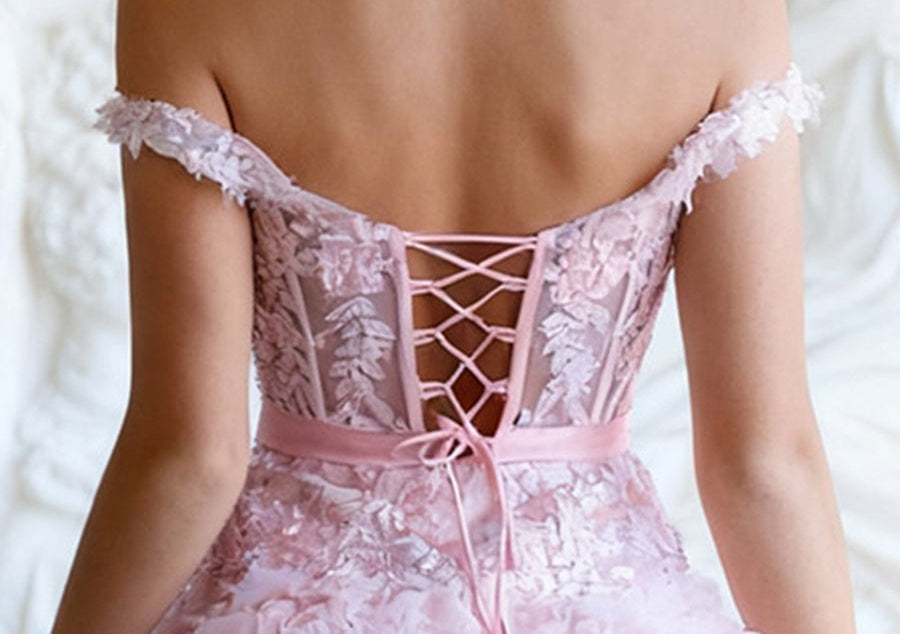 A Line/Princess Off Shoulder Floor-Length Prom Dresses with Tiered Ruffles