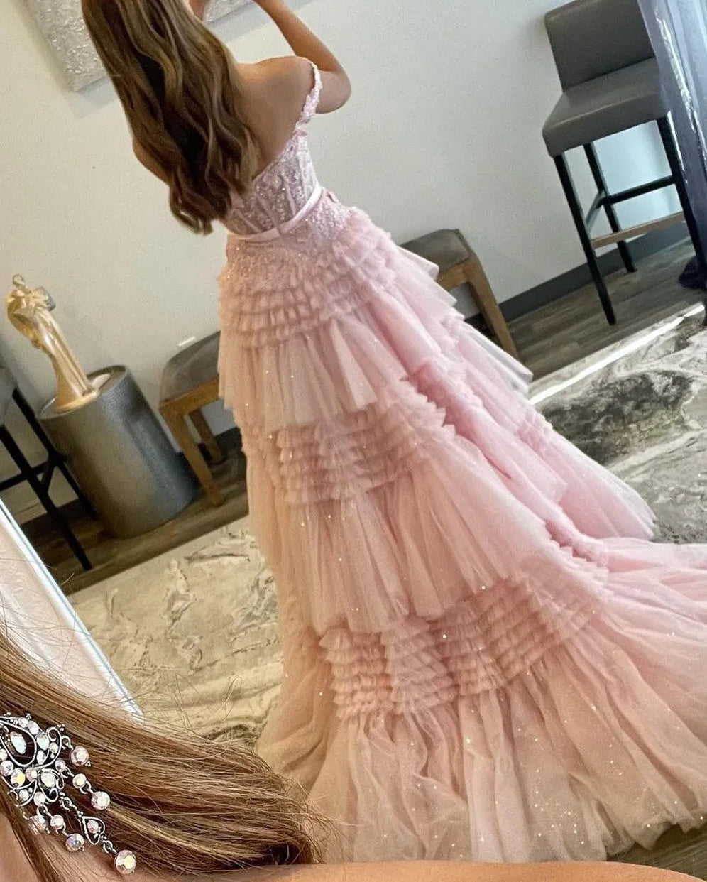 A Line/Princess Off Shoulder Floor-Length Prom Dresses with Tiered Ruffles
