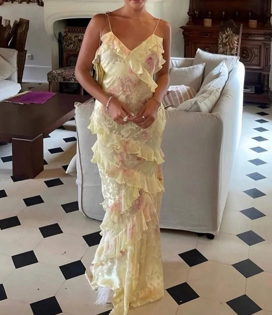 Mermaid/Trumpet Ruffle V-Neck Floor-Length Prom Dresses with Floral Satin