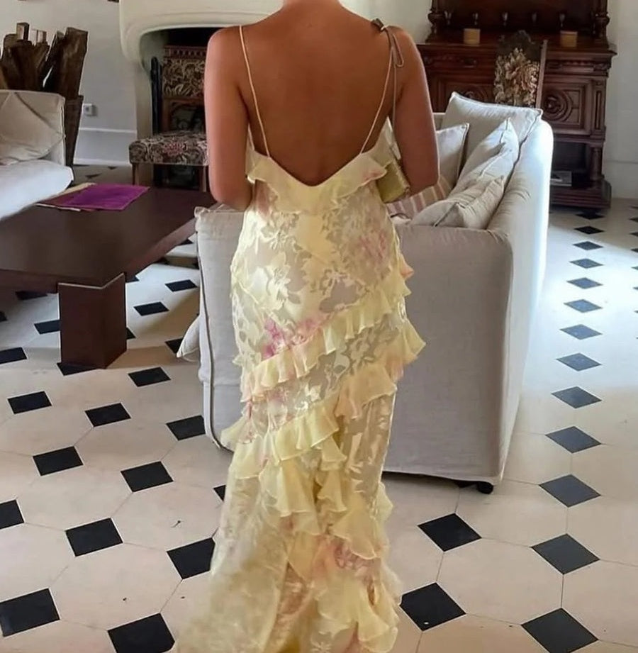 Mermaid/Trumpet Ruffle V-Neck Floor-Length Prom Dresses with Floral Satin