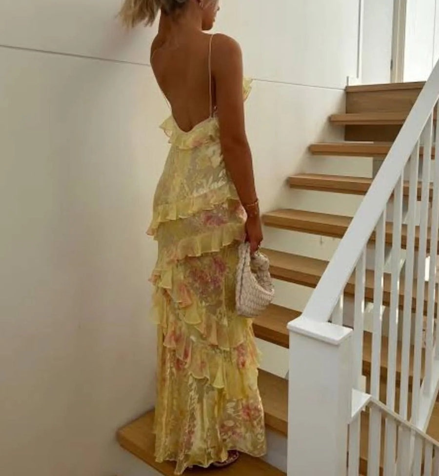 Mermaid/Trumpet Ruffle V-Neck Floor-Length Prom Dresses with Floral Satin