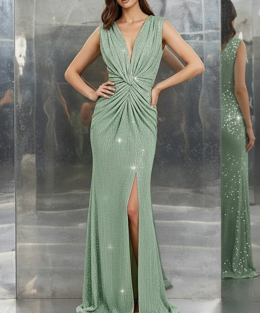 A-Line/Princess V-Neck Ruched Sequin Floor-Length Formal Evening Dresses