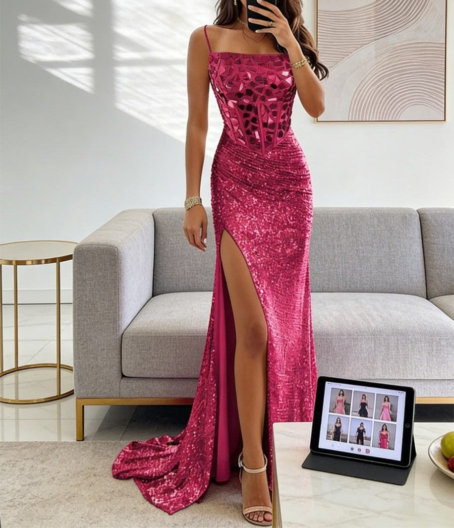 Glitter Sequin Spaghetti Strap Floor-Length Prom Dresses with Mirror