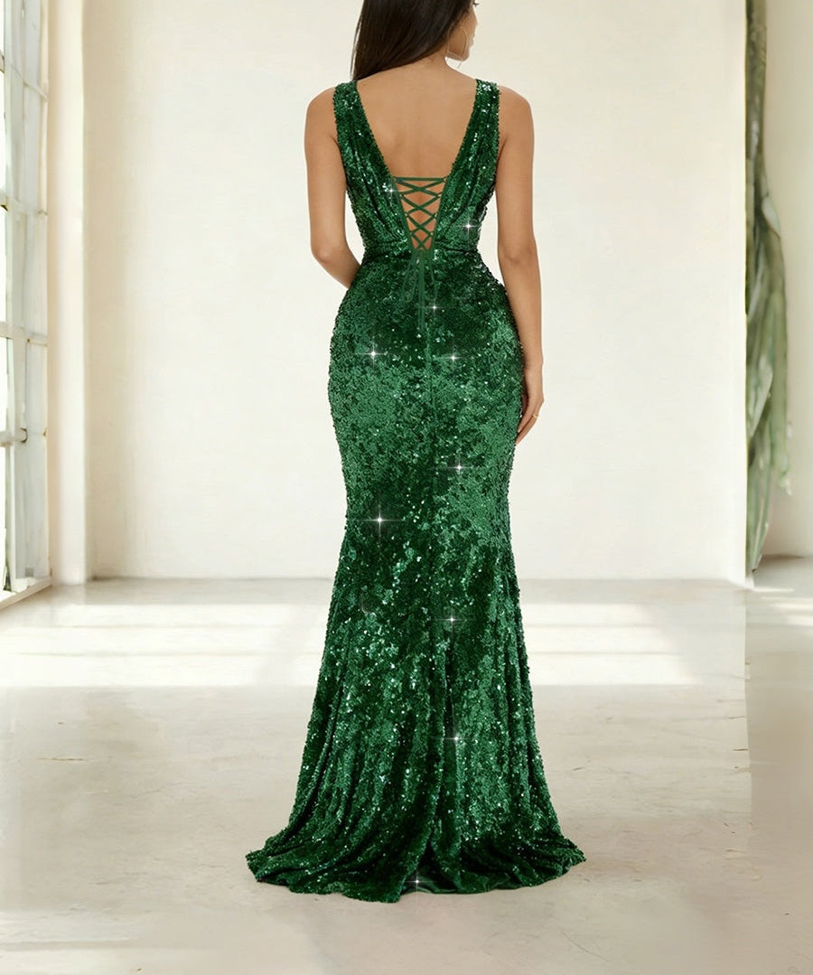 Mermaid/Trumpet V-Neck Ruched Floor-Length Formal Evening Dresses with Sparkly Sequin