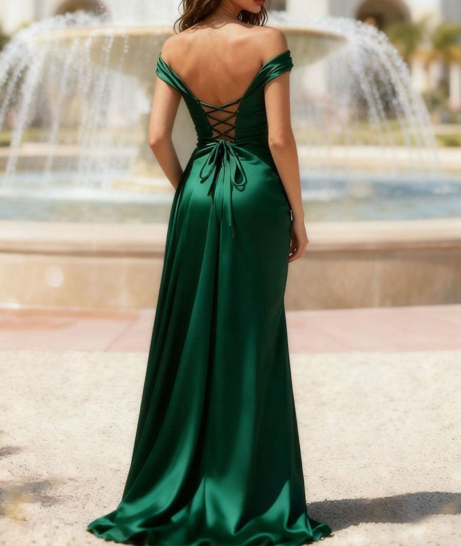 A-Line/Princess Cold Shoulder Pleated Floor-Length Formal Prom Dresses with Trail