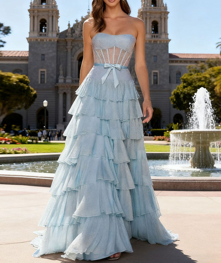 Mermaid Illusion Tiered Floor-Length Fancy Prom Dresses with Bow