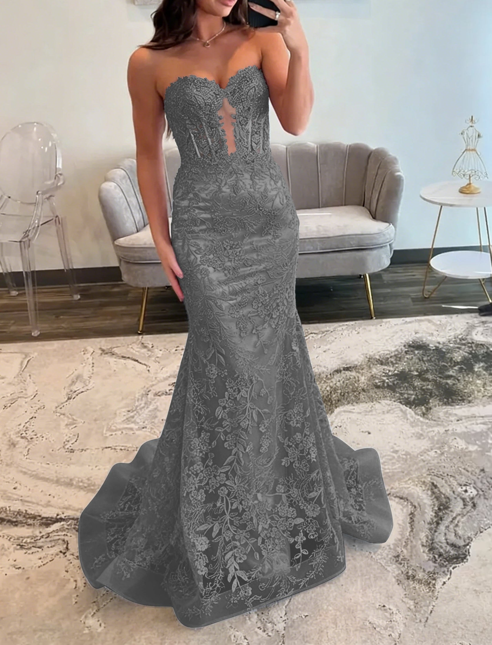 Lace Applique One Shoulder Long Prom Dresses Tiered Evening Gowns