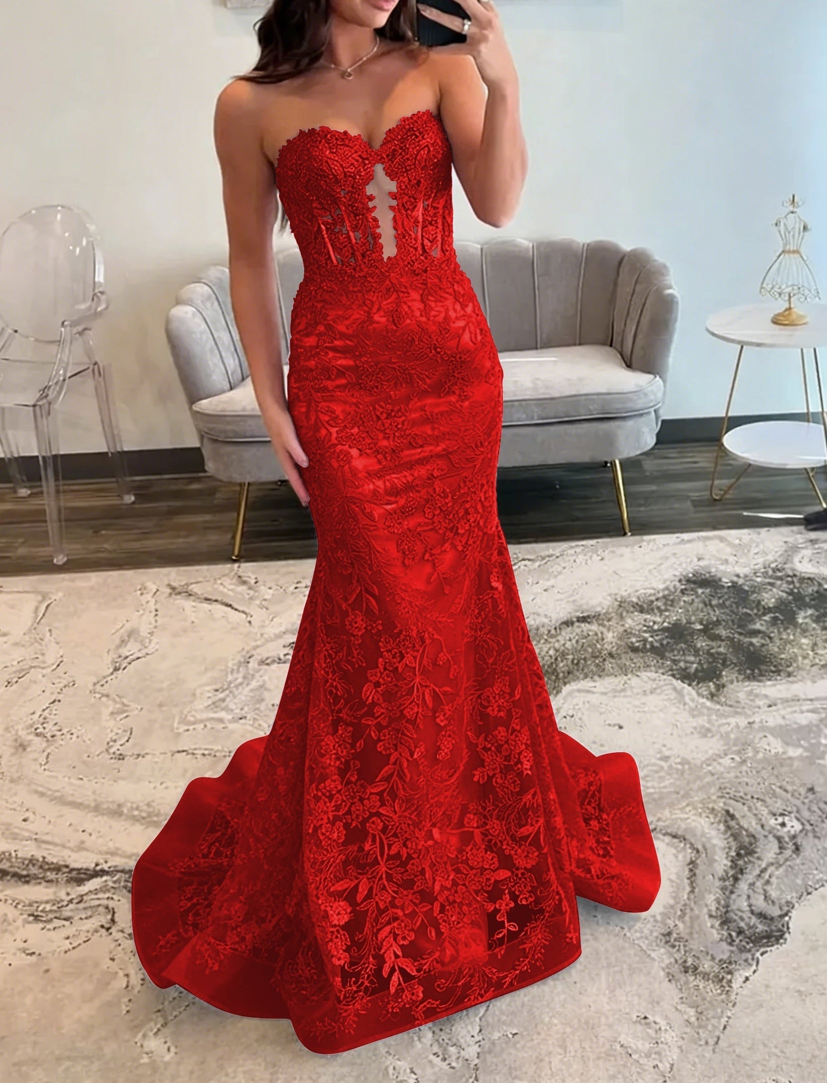 Lace Applique One Shoulder Long Prom Dresses Tiered Evening Gowns