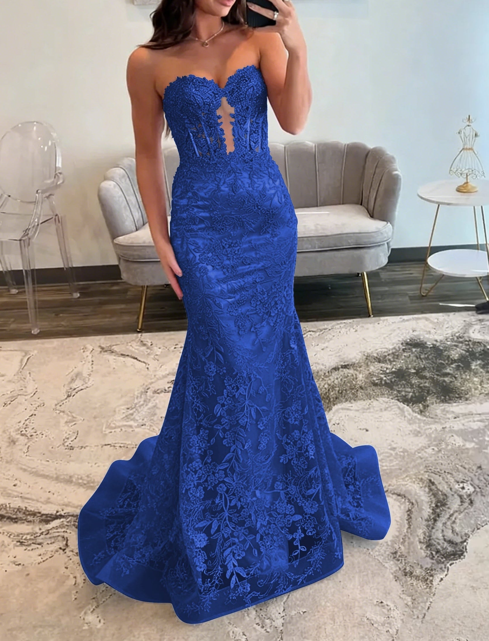 Lace Applique One Shoulder Long Prom Dresses Tiered Evening Gowns