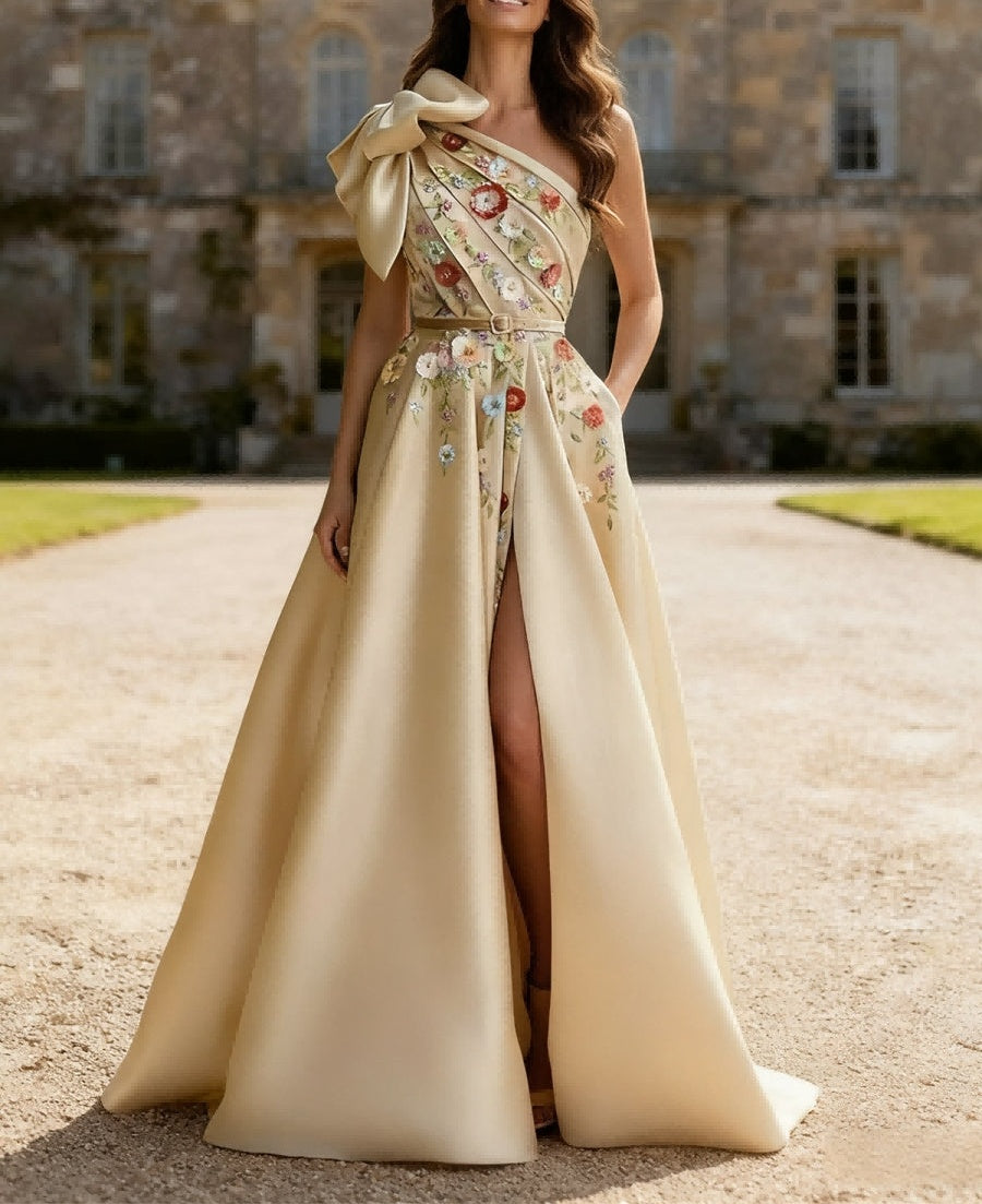 A-Line/Princess Floral One Shoulder Floor-Length Fancy Formal Prom Dresses with Bow