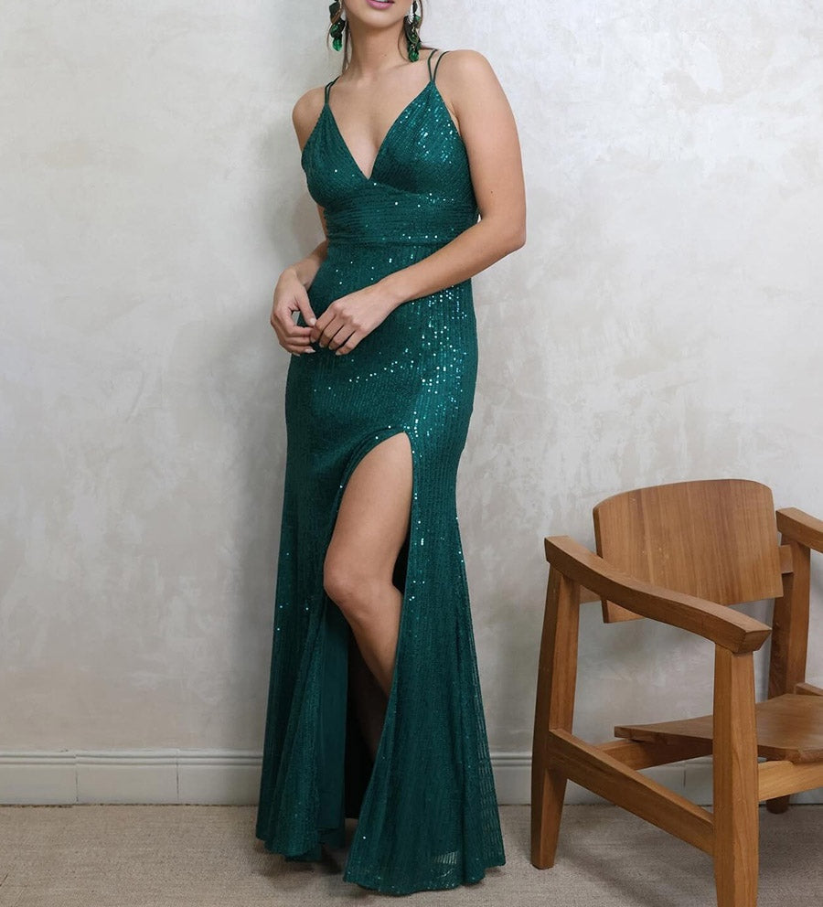 Classic Mermaid Spaghetti Strap Corset Floor-Length Prom Dresses with Sequin