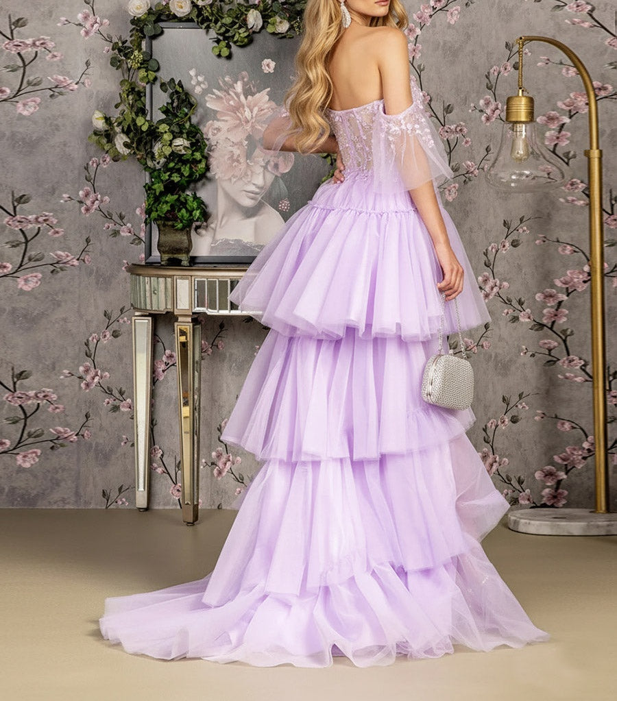 A-Line/Princess Tiered Floor-Length Fancy Prom Dresses with Short Sleeve