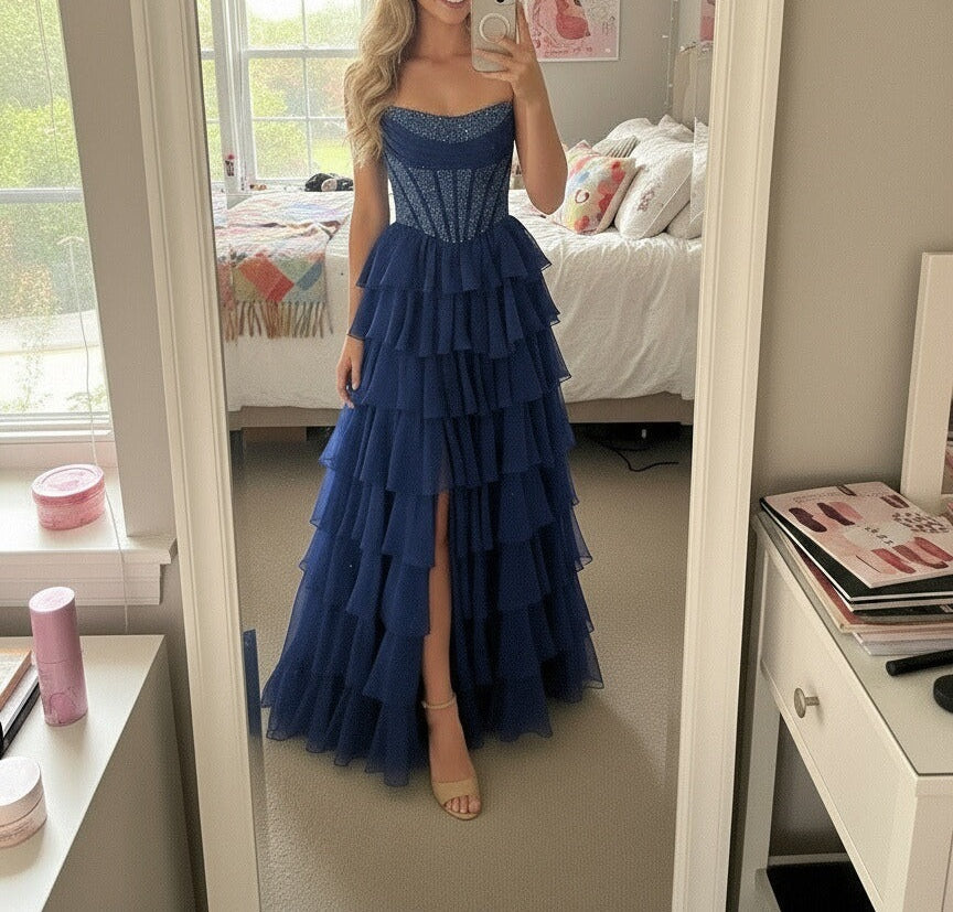 A-Line/Princess Tiered Cowl Neck Floor Length Prom Dresses with Bead