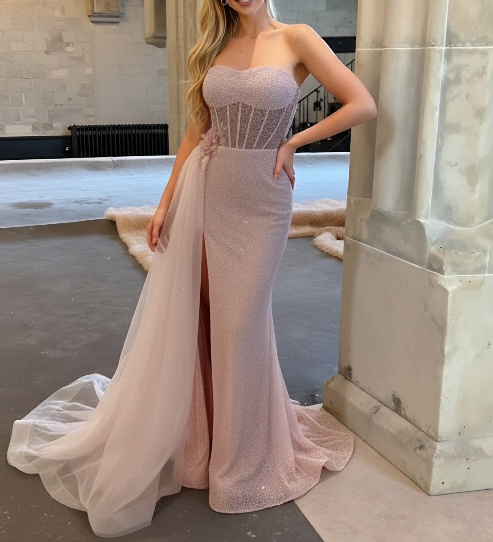 Mermaid Sweetheart Neck Glitter Maxi Formal Prom Dresses with Trail