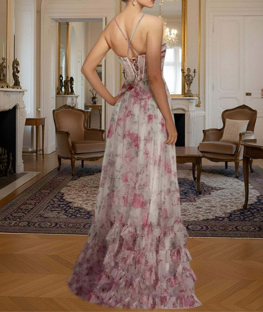 A-Line/Princess Halter Floral Print Sleeveless Floor Length Prom Gown