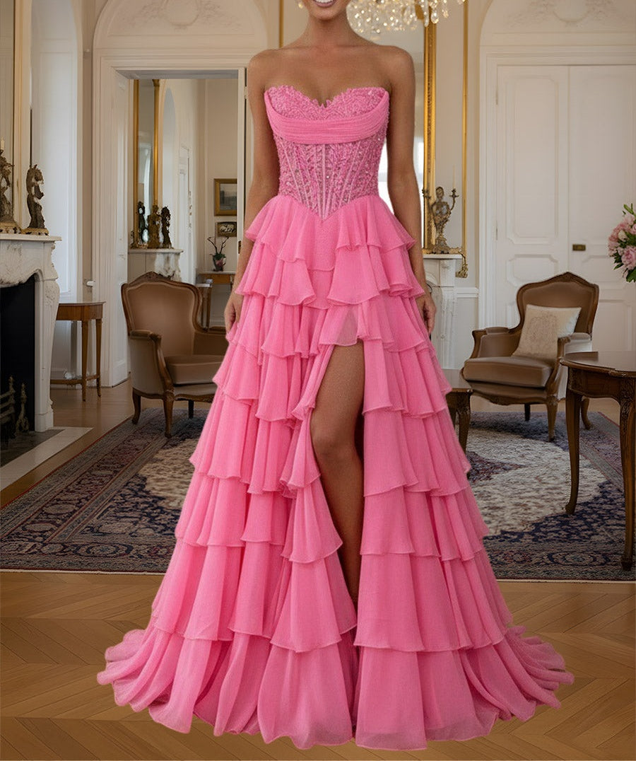 A-Line/Princess Tiered Strapless Floor Length Prom Dresses with Lace Applique