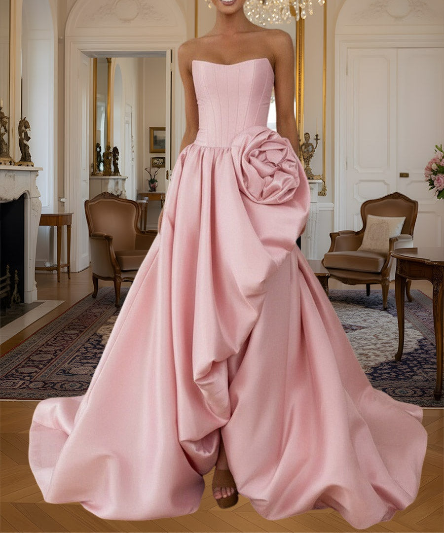 Bubble Drop Waist Strapless Floor Length Prom Dresses with Flower