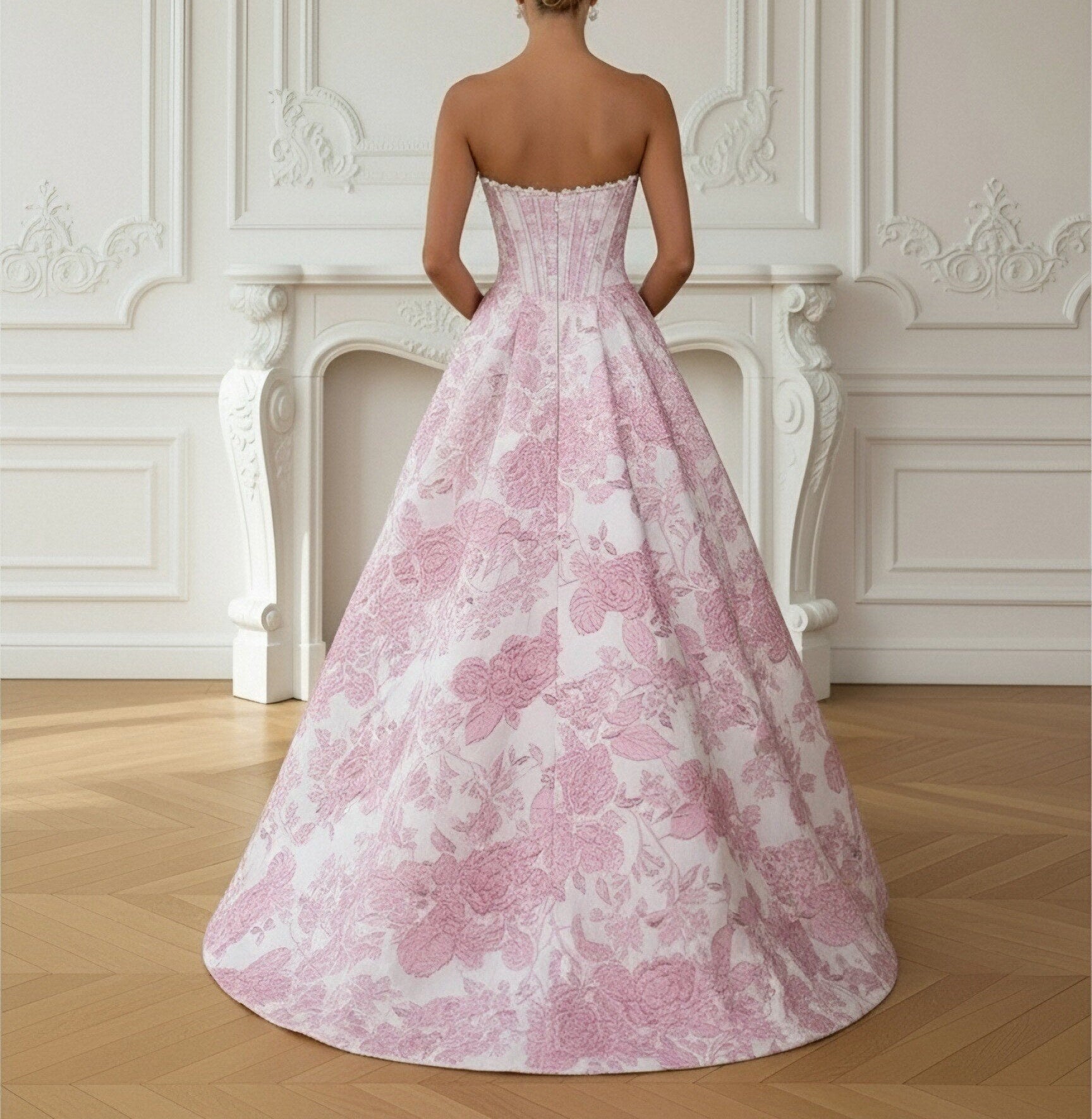 A-Line/Princess Print Flower Strapless Floor Length Prom Dresses with Pockets