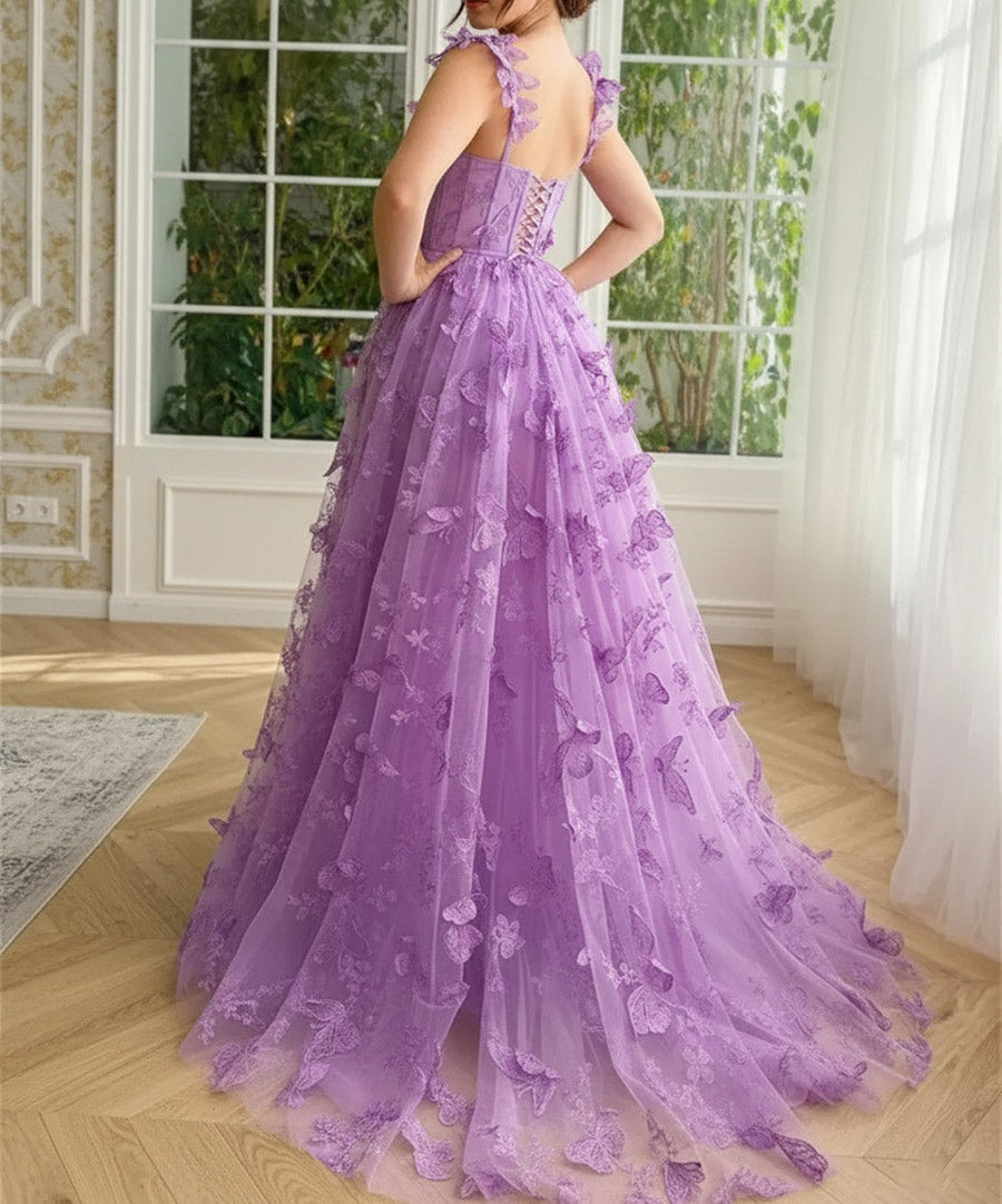 A-Line/Princess Empire Waist Floor Length Prom Dresses with 3D Butterflies