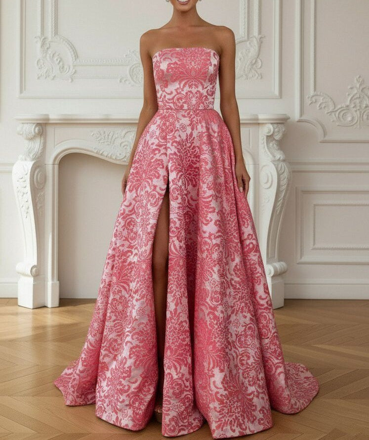 A-Line/Princess Strapless Print Flower Floor Length Prom Dresses with Side Slit