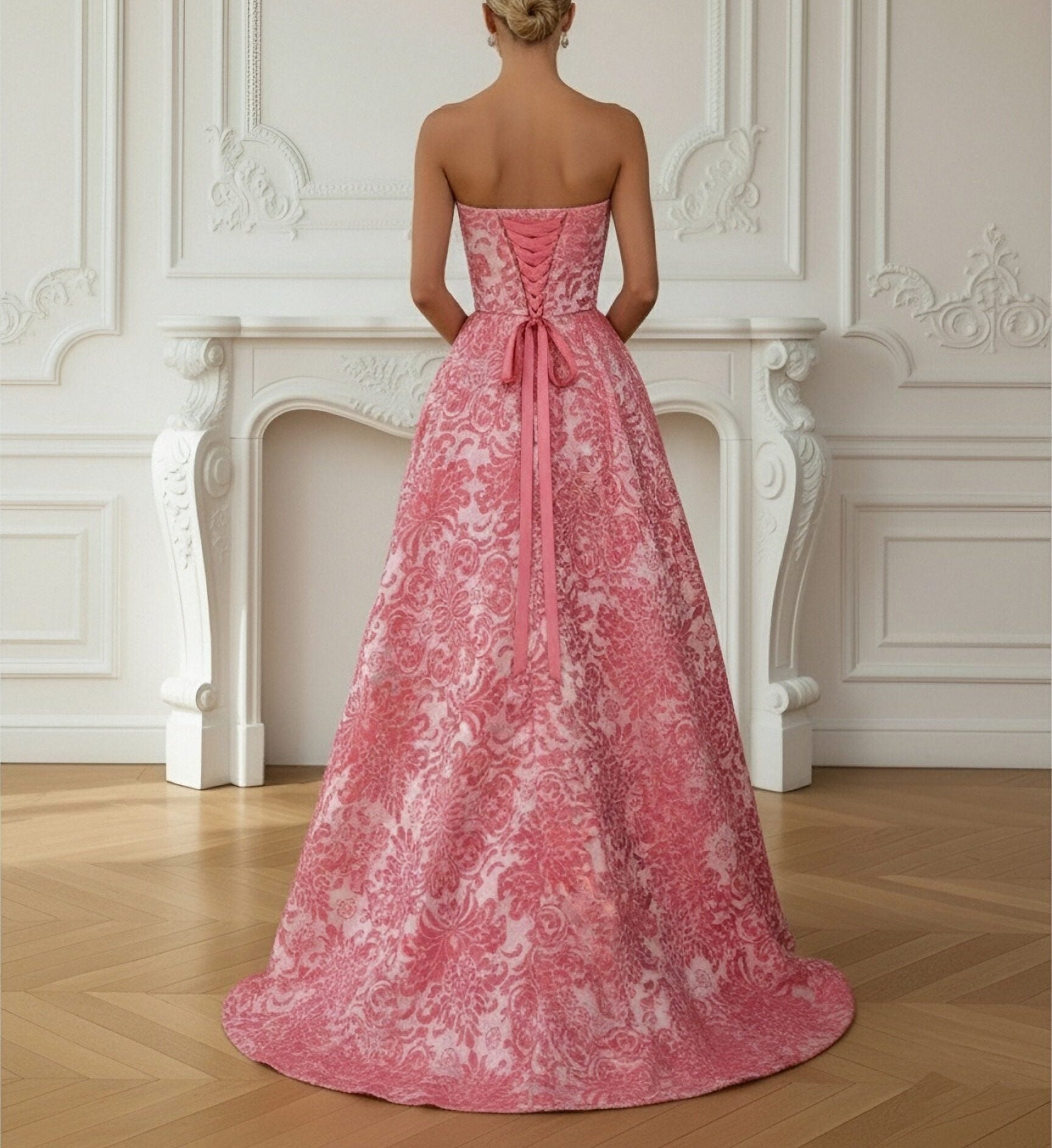 A-Line/Princess Strapless Print Flower Floor Length Prom Dresses with Side Slit