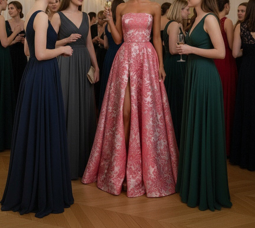 A-Line/Princess Strapless Print Flower Floor Length Prom Dresses with Side Slit