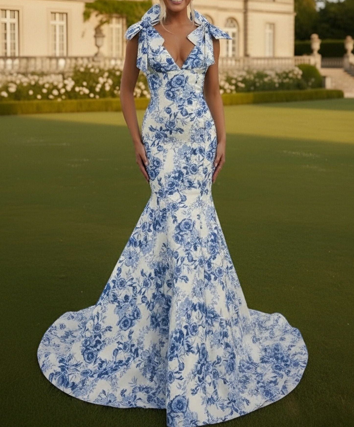 Mermaid/Trumpet Strapless Print Flower Floor Length Prom Dresses with Bows