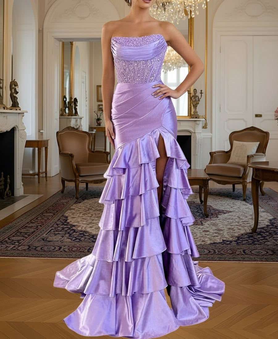 A-Line/Princess Sleeveless Tiered  Ruffle Floor-Length Formal Prom Dresses with Sequin