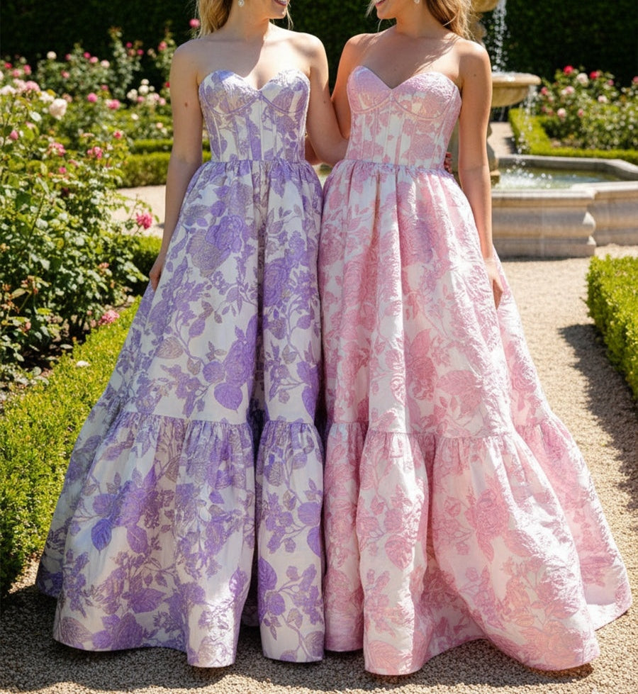A-Line/Princess Sweetheart Neck Strapless Jacquard Floor-Length Prom Dresses