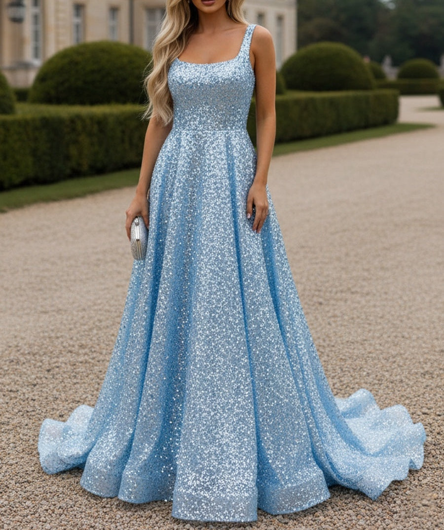 Classic A-Line/Princess Sqaure Neck Sparkly Sequin Floor-Length Prom Dresses with Train