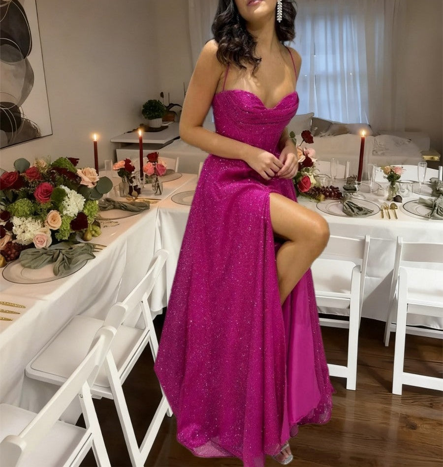 A-Line/Princess Spaghetti Strap Cowl Neck Floor-Length Prom Dresses Sparkly Evening Gown