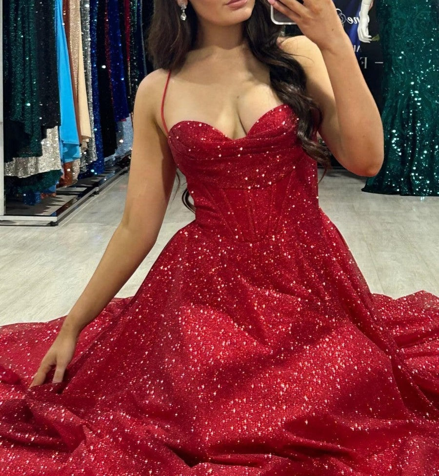 A-Line/Princess Spaghetti Strap Cowl Neck Floor-Length Prom Dresses Sparkly Evening Gown