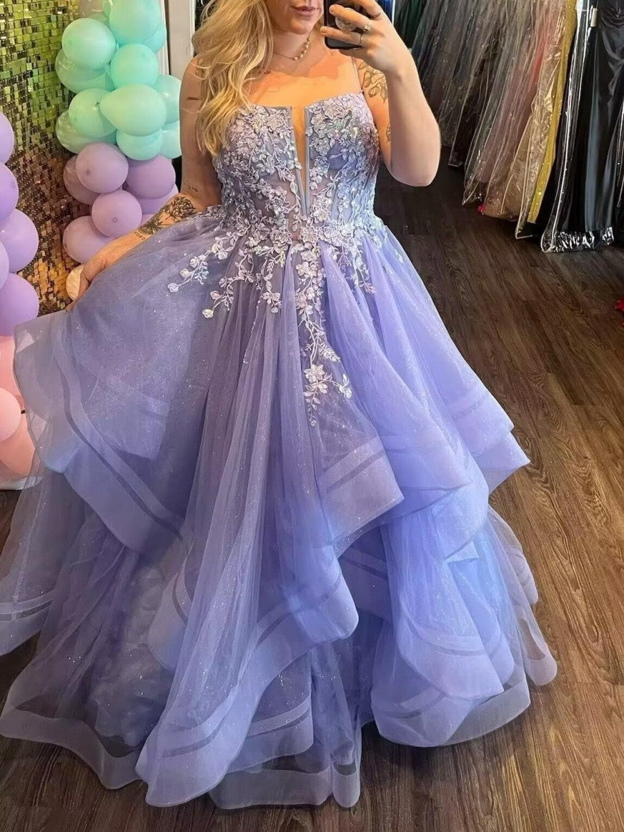 A-Line/Princess Lace Applique Ruffle Floor-Length Prom Dresses with Double Strap