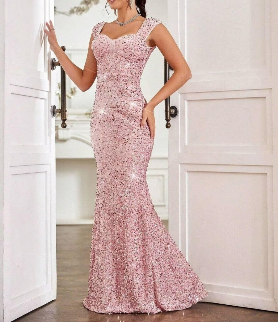 Sheath/Column Cap Sleeve Floor-Length Formal Dresses with Sparkly Sequin