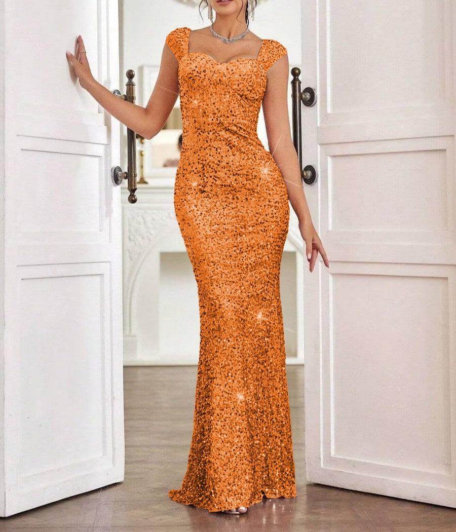 Sheath/Column Cap Sleeve Floor-Length Formal Dresses with Sparkly Sequin