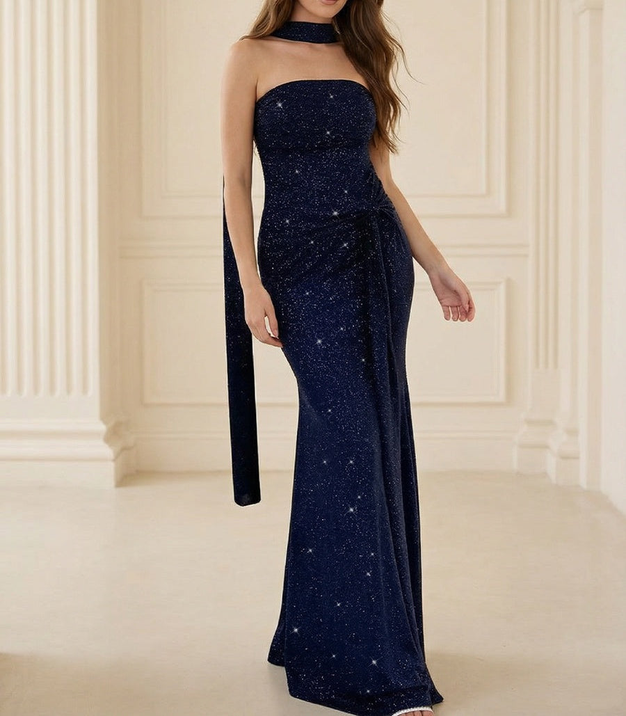 Strapless Scarf Sequin Ruched Prom Dresses Evening Mermaid Bodycon Sparkly