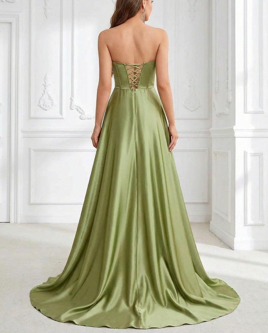 A-Line/Princess Sweetheart Satin Floor-Length Formal Prom Dresses with Side Slit