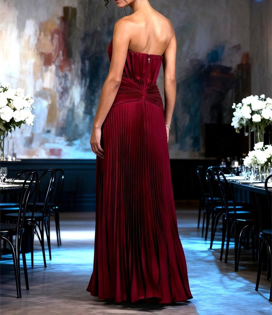 A-Line/Princess Strapless Pleated Satin Floor-Length Formal Dresses with Drop Waist