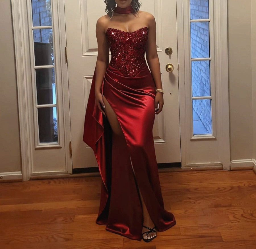 A-Line/Princess Strapless Patchwork Ruffle Floor-Length Formal Dresses with Scarf