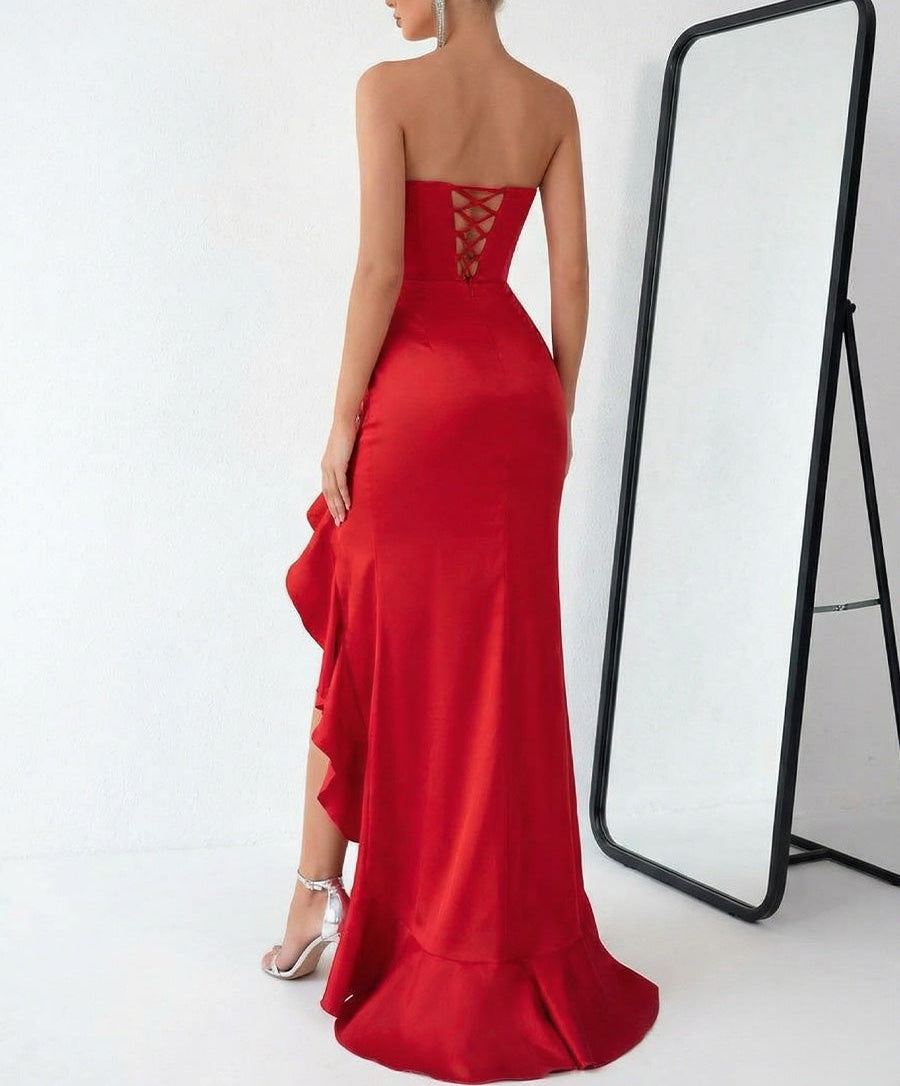 Mermaid/Trumpet Sweetheart Satin Ruched Floor-Length Prom Dresses with Flower Ruffle