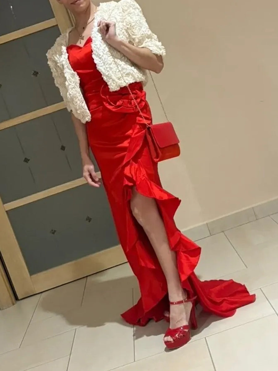 Mermaid/Trumpet Sweetheart Satin Ruched Floor-Length Prom Dresses with Flower Ruffle