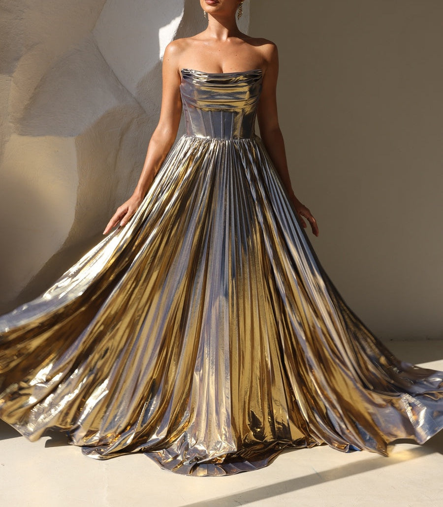 A-Line/Princess Strapless Cowl Neck Pleated Floor-Length Prom Dresses