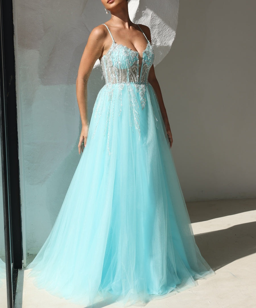 Elegant A-Line/Princess Illusion Neck Tulle Floor-Length Prom Dresses with Beading