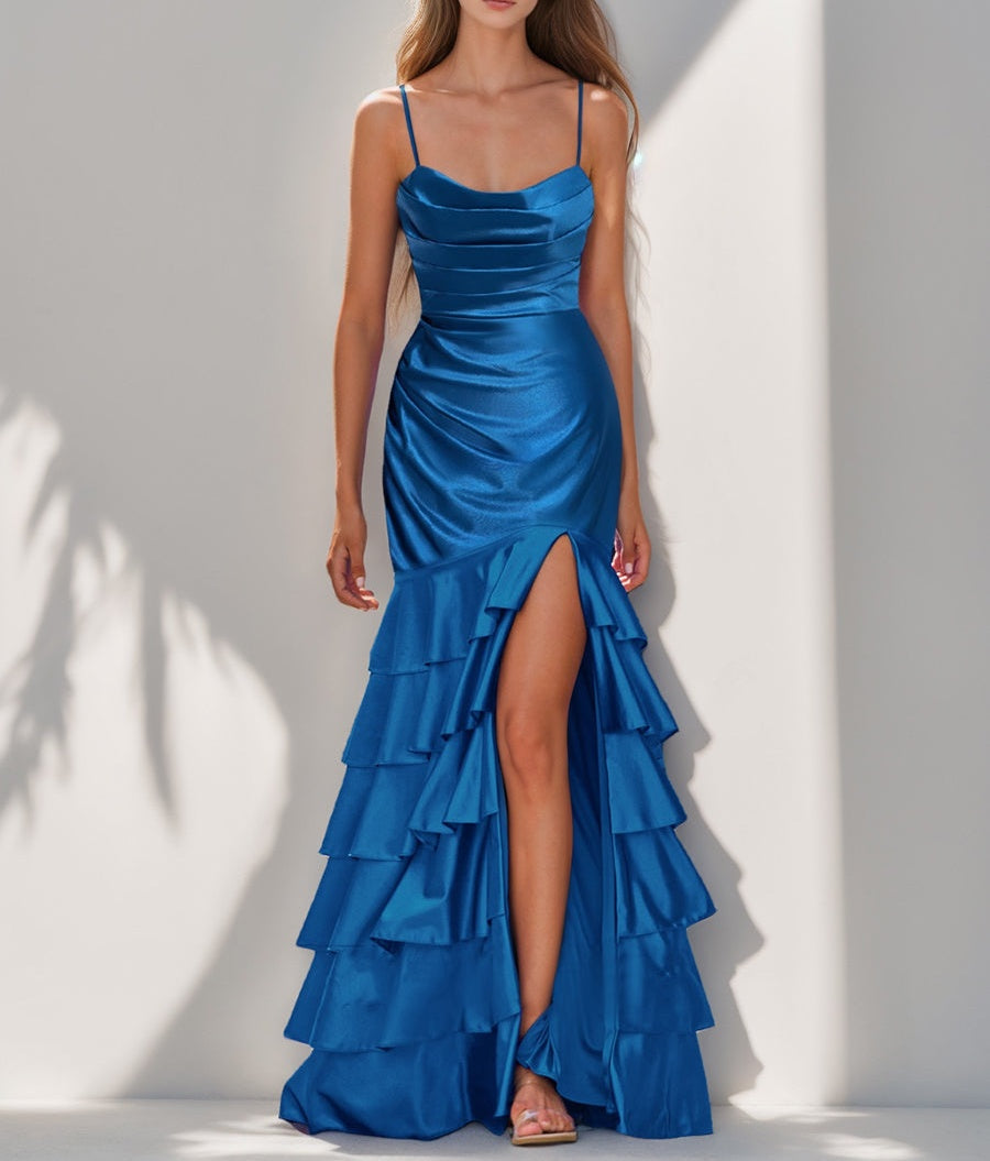 Trumpet/Mermaid Spaghetti Straps Ruched Asymmetrical Evening Dresses with Tiered Ruffles