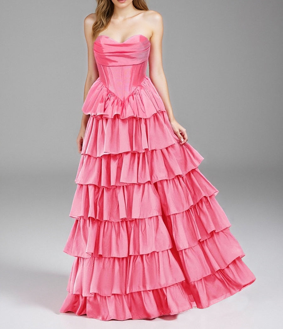 A-Line/Princess Strapless Ruched Floor-Length Prom Dresses with Tiered Ruffles