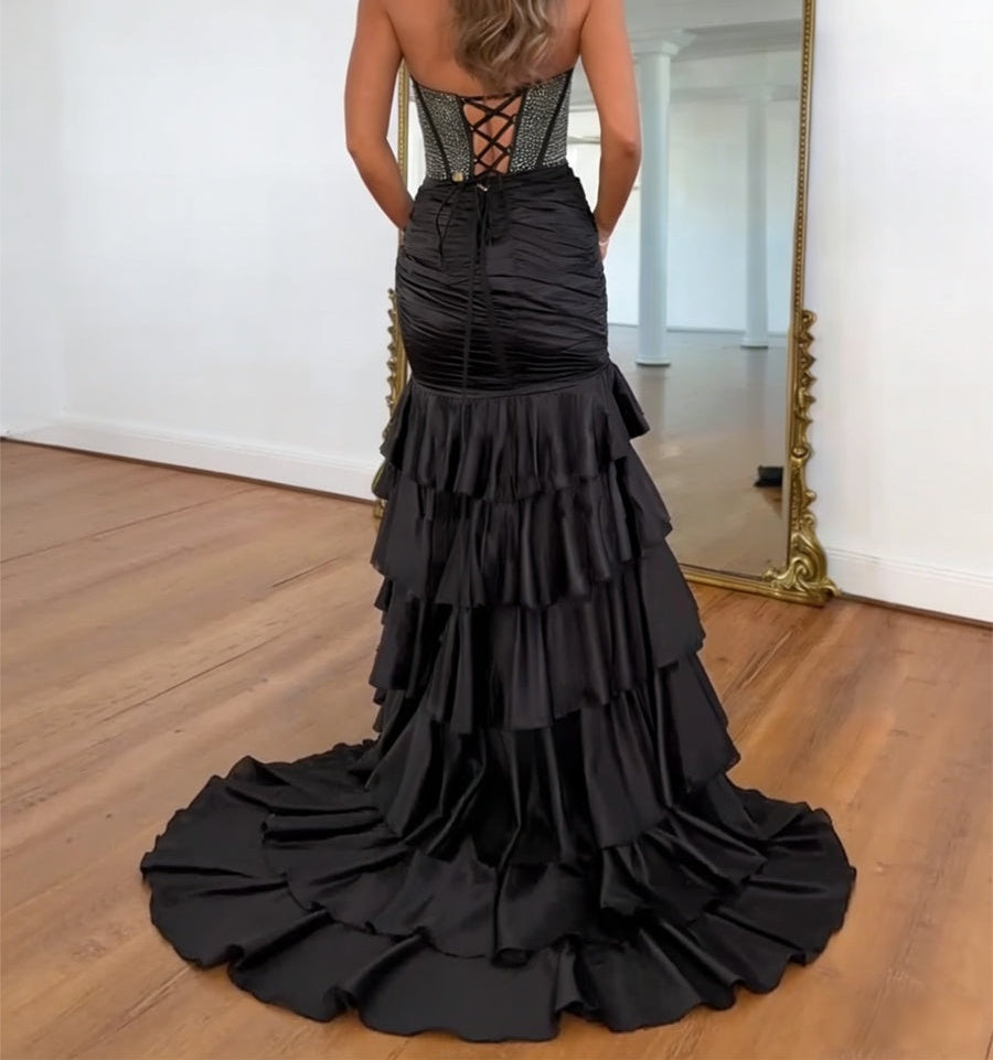 A-Line/Princess Halter Ruched Tiered Floor-Length Prom Dresses with Beading