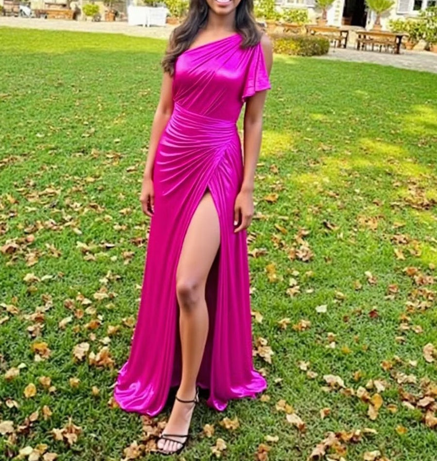 One Shoulder Ruched Metallic A-Line/Princess Long Prom Dresses with Train